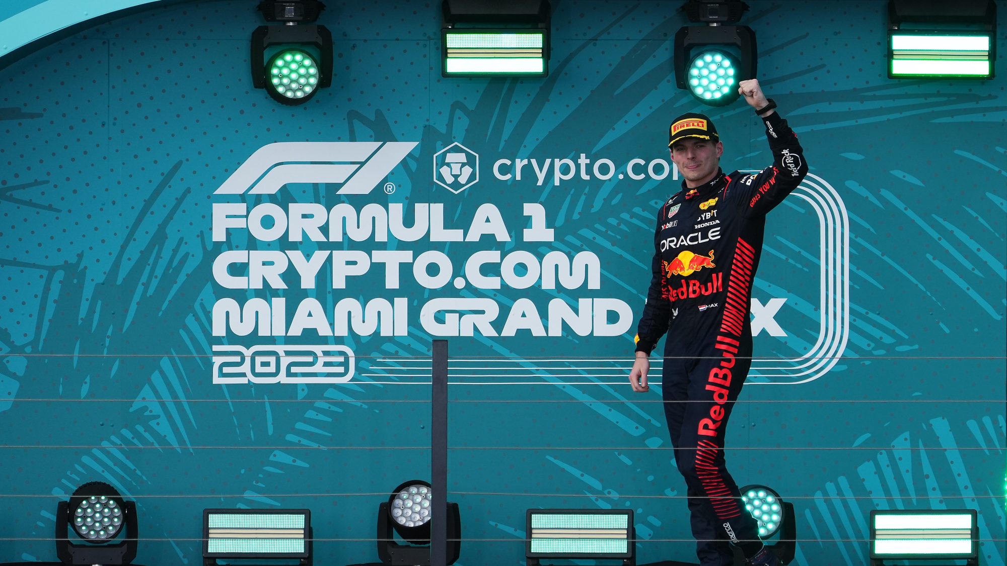 May 7, 2023; Miami Gardens, Florida, USA; Red Bull driver Max Verstappen (1) of the Netherlands celebrates his victory following the Miami Grand Prix at Miami International Autodrome.