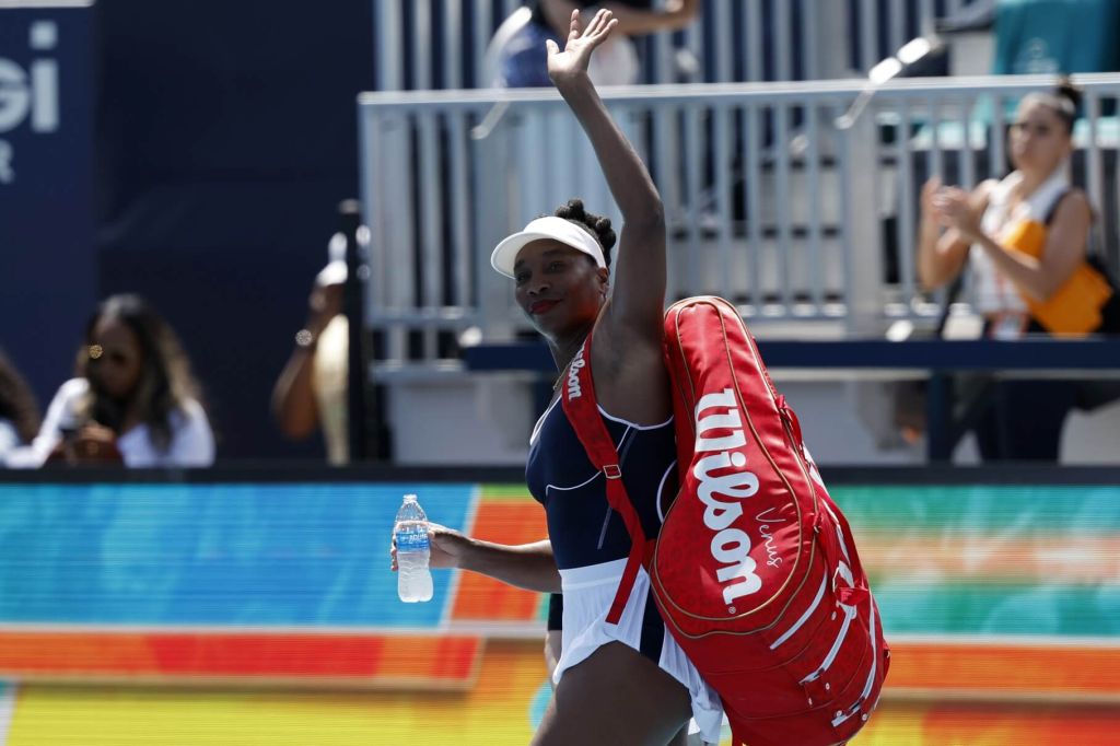 Mar 19, 2024; Miami Gardens, FL, USA; Venus Williams (USA) waves to the crowd while leaving the court after her match against Diana Shnaider (not pictured) on day two of the Miami Open at Hard Rock Stadium. Mandatory Credit: Geoff Burke-USA TODAY Sports