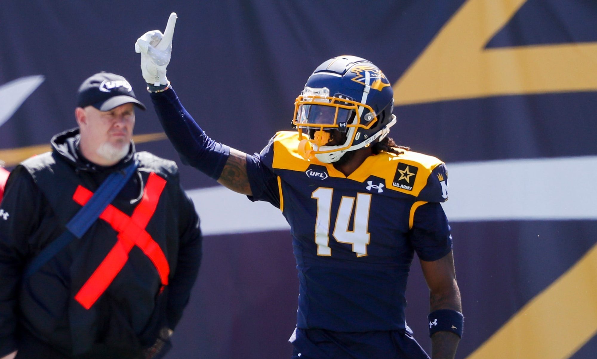 Showboats’ T.J. Green (14) wags his finger after making a stop during the UFL game between the San Antonio Brahmas and Memphis Showboats in Simmons Liberty Bank Stadium in Simmons Bank Liberty Stadium in Memphis, Tenn., on Saturday, April 6, 2024.