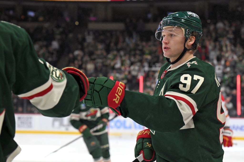 Jan 29, 2026; Saint Paul, Minnesota, USA; Minnesota Wild forward Kirill Kaprizov (97) celebrates his empty net goal against the Calgary Flames during the third period at Grand Casino Arena.