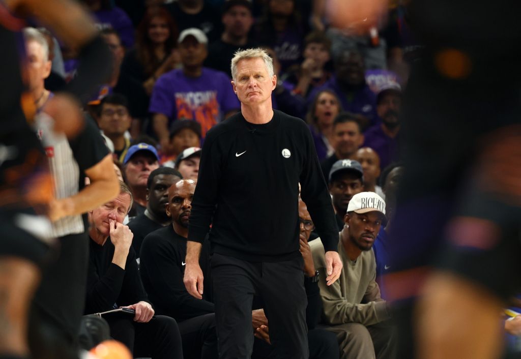 Apr 17, 2026; Phoenix, Arizona, USA; Golden State Warriors head coach Steve Kerr against the Phoenix Suns during the first half in the play-in rounds of the 2026 NBA Playoffs at Mortgage Matchup Center.