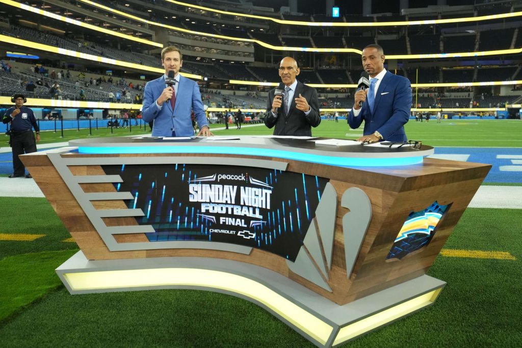 Oct 29, 2023; Inglewood, California, USA; Jac Collinsworth (left), Tony Dungy (center) and Rodney Harrison on the Sunday Night Football Final set at SoFi Stadium. Mandatory Credit: Kirby Lee-USA TODAY Sports