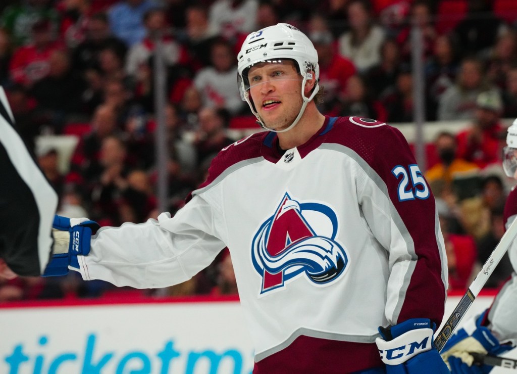 Feb 8, 2024; Raleigh, North Carolina, USA; Colorado Avalanche right wing Logan O'Connor (25) reacts against the Carolina Hurricanes during the third period at PNC Arena.