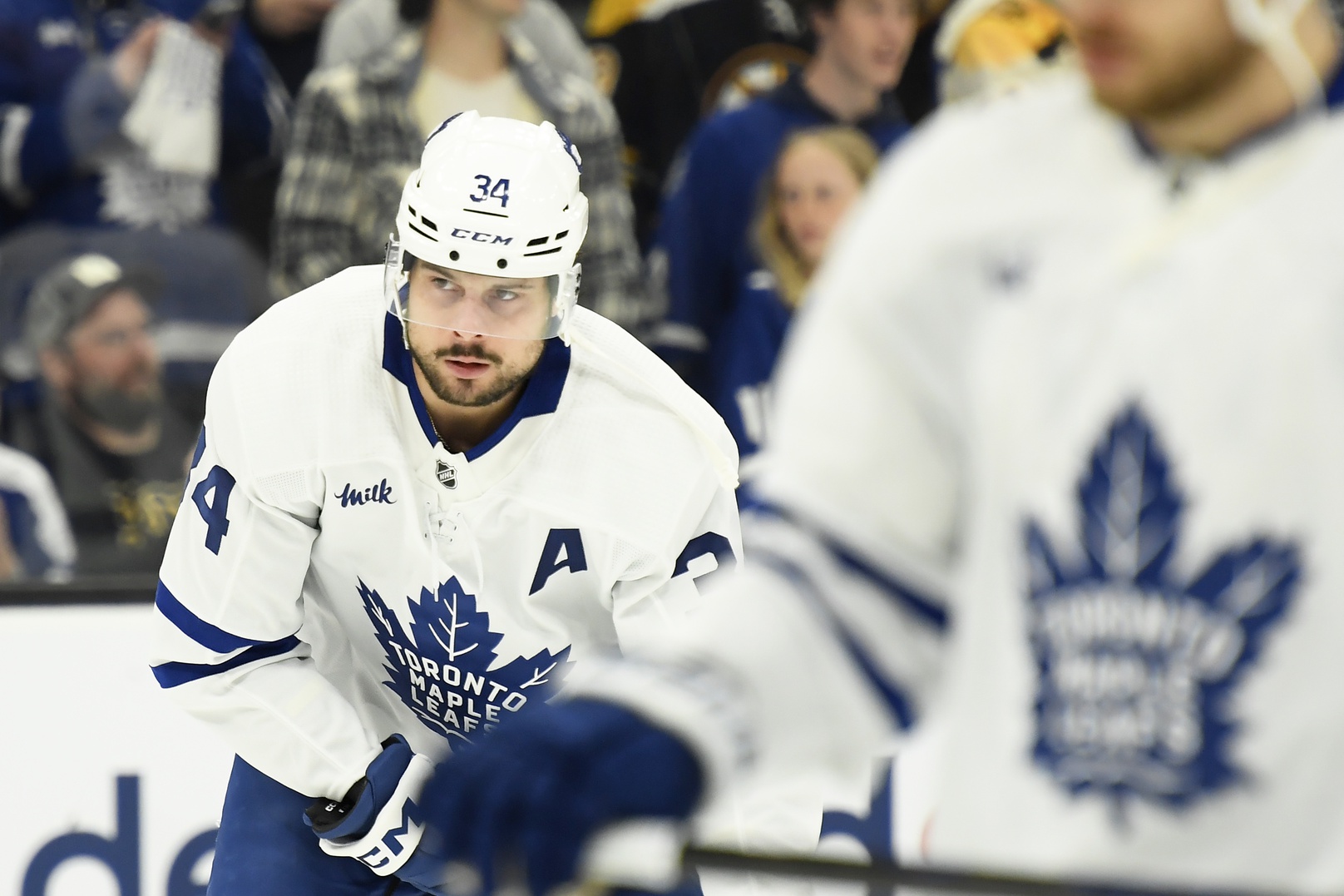 May 4, 2024; Boston, Massachusetts, USA; Toronto Maple Leafs center Auston Matthews (34) participates in warmups prior to game seven of the first round of the 2024 Stanley Cup Playoffs against the Boston Bruins at TD Garden. Mandatory Credit: Bob DeChiara-USA TODAY Sports