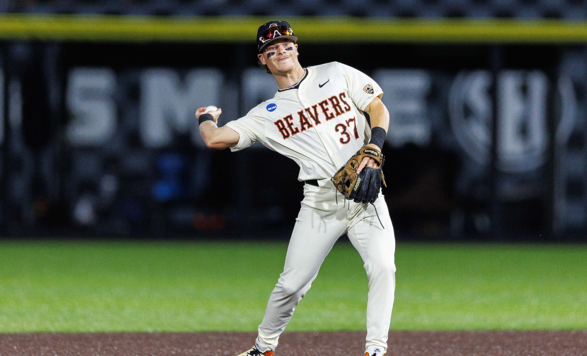 Jun 9, 2024; Lexington, KY, USA; Oregon State Beavers infielder Travis Bazzana (37) throws the ball during the second inning against the Kentucky Wildcats at Kentucky Proud Park.