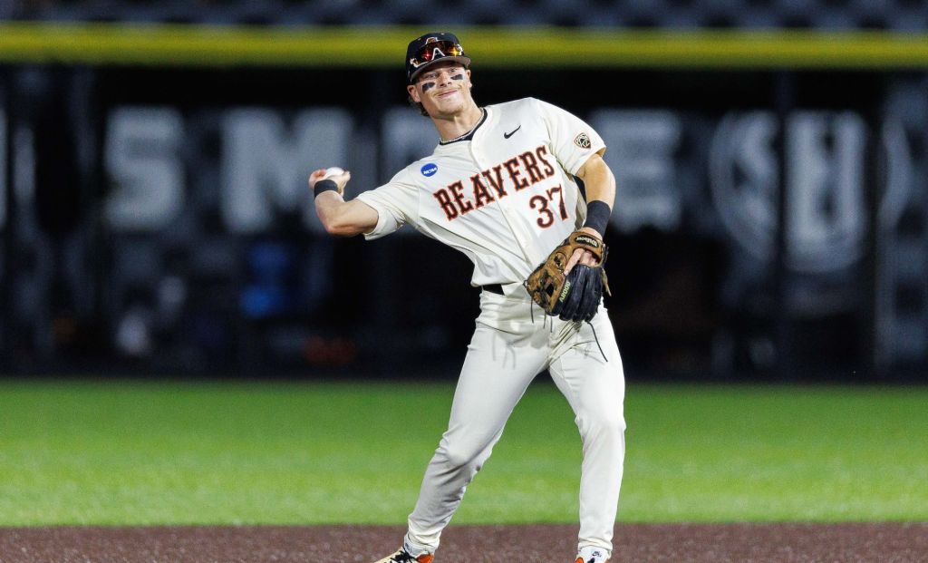 Jun 9, 2024; Lexington, KY, USA; Oregon State Beavers infielder Travis Bazzana (37) throws the ball during the second inning against the Kentucky Wildcats at Kentucky Proud Park.