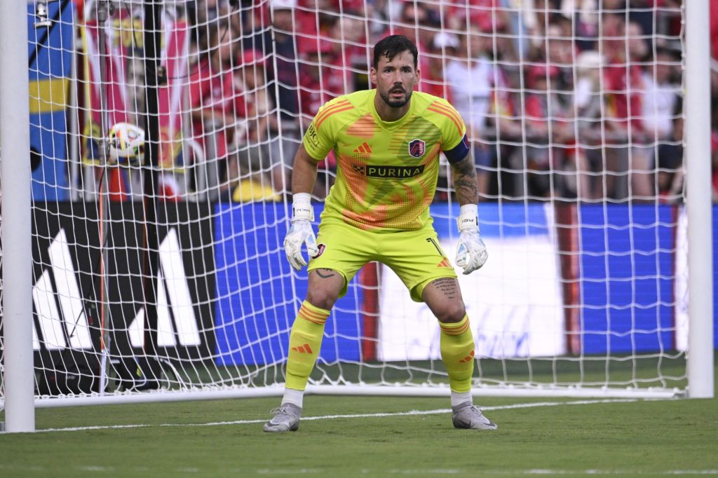 Jun 19, 2024; St. Louis, Missouri, USA; St. Louis CITY SC goalkeeper Roman Burki (1) looks on during a match agains the Colorado Rapids at CITYPARK. Mandatory Credit: Joe Puetz-USA TODAY Sports