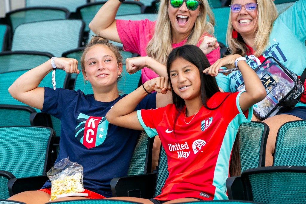 Jul 6, 2024; Kansas City, Missouri, USA; Young fans look on before a match between the Orlando Pride and the Kansas City Current at CPKC Stadium. Mandatory Credit: