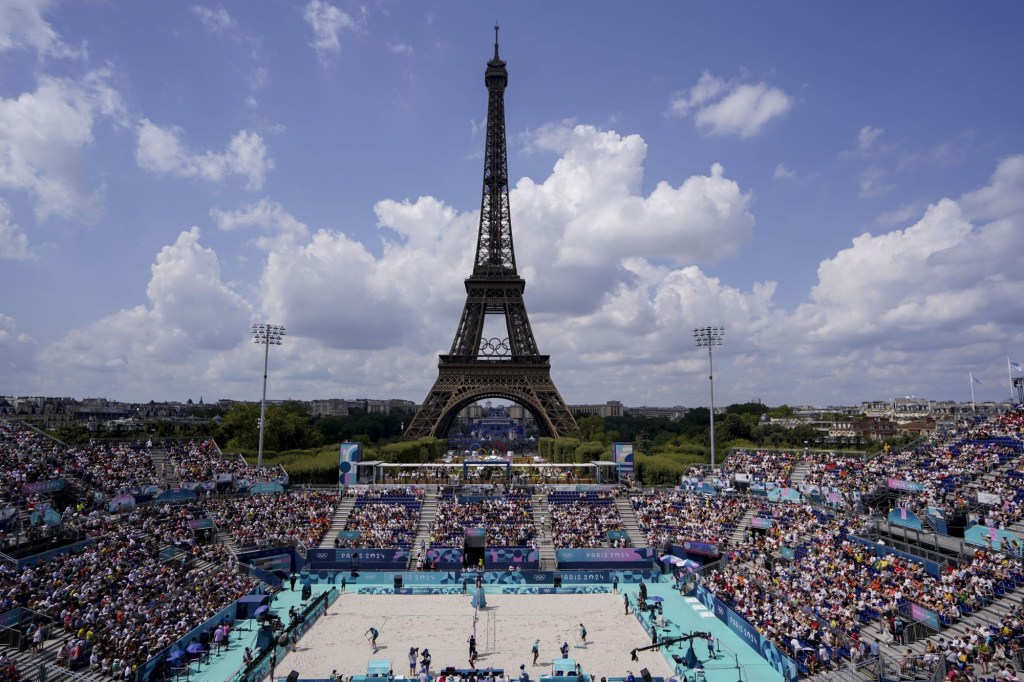 Aug 1, 2024; Paris, France; The United States and Brazil prepare to compete during the Paris 2024 Olympic Summer Games at Eiffel Tower Stadium. 