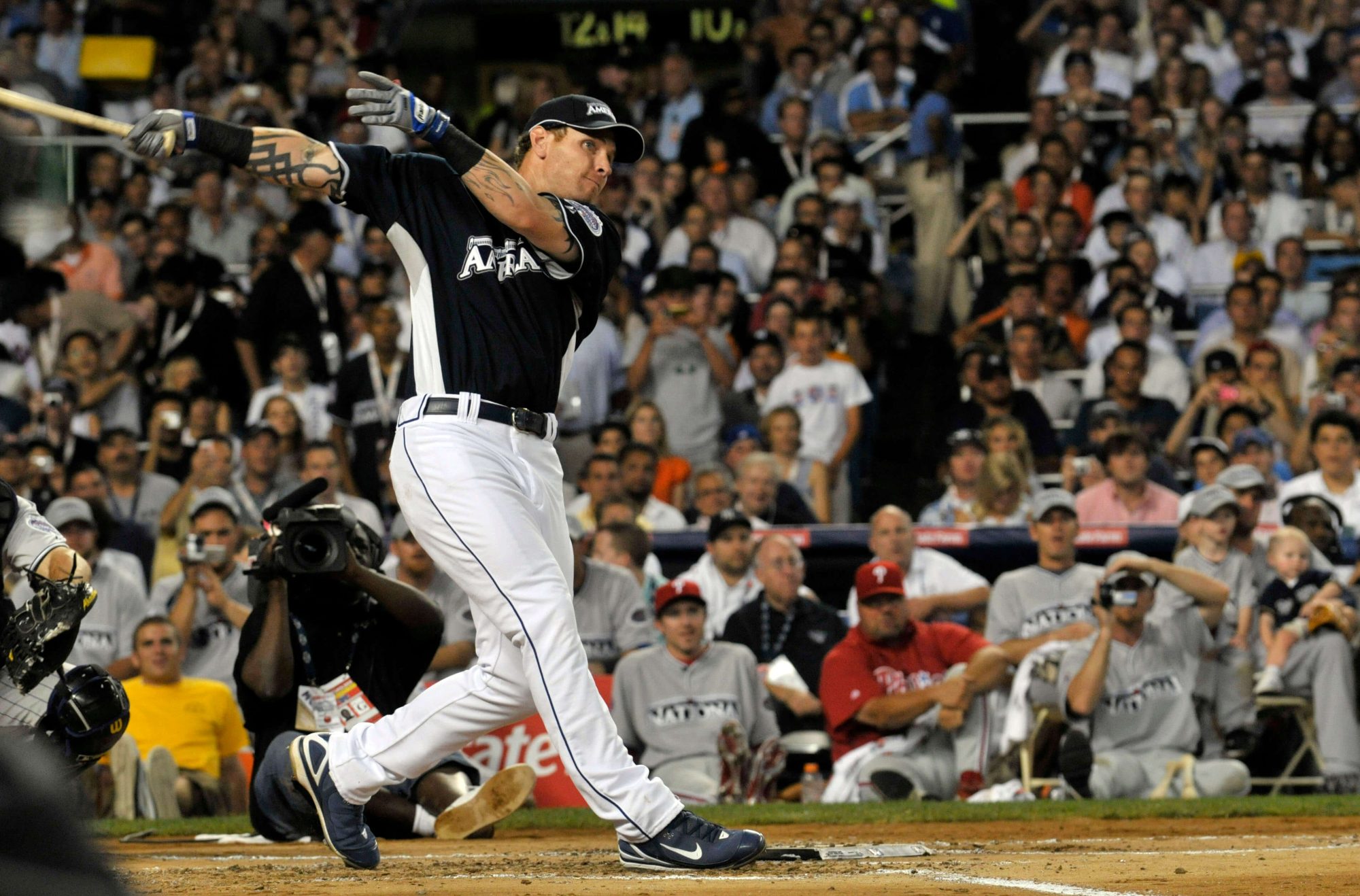 July 14, 2008; Bronx, NY, USA; American League outfielder Josh Hamilton of the Texas Rangers follows through on a swing during the first round of the 2008 All Star home run derby at Yankee Stadium. Hamilton hit a first round record 28 home runs. Mandatory Credit: Scott Rovak-USA TODAY Sports