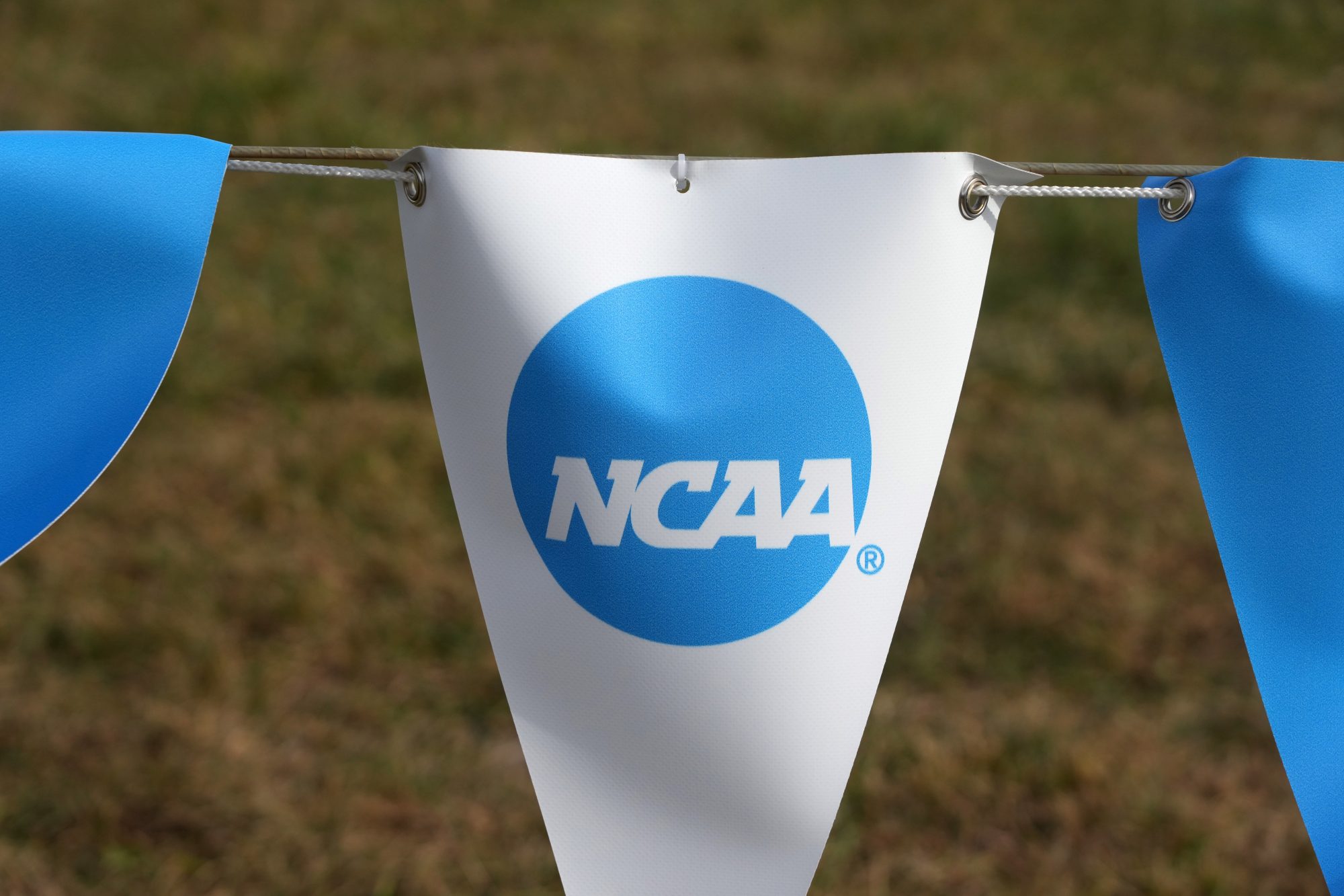 Nov 17, 2023; Charlottesville, VA, USA; The NCAA logo on a banner at the NCAA cross country championships course at Panorama Farms.