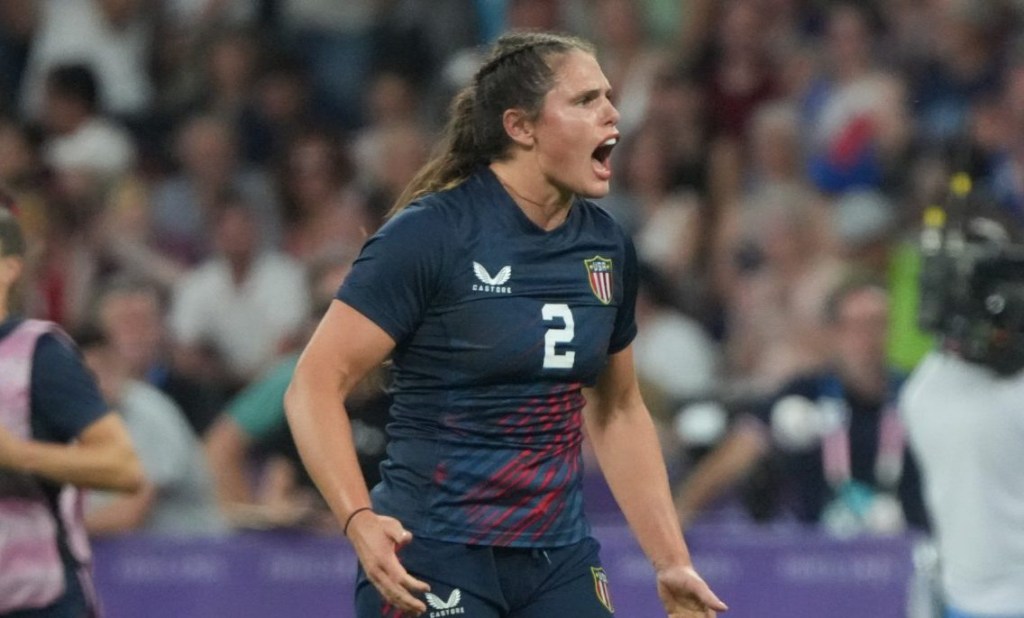 Jul 29, 2024; Paris Saint-Denis, France; United States forward Ilona Maher (2) reacts against Great Britain in a women's quarterfinal rugby match during the Paris 2024 Olympic Summer Games at Stade de France. 