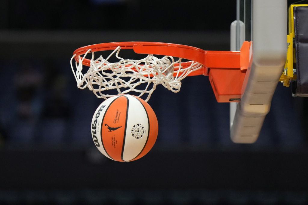 May 25, 2023; Los Angeles, California, USA; Wilson official basketball with WNBA logo goes through the net during the game between the LA Sparks and the Las Vegas Aces at Crypto.com Arena.