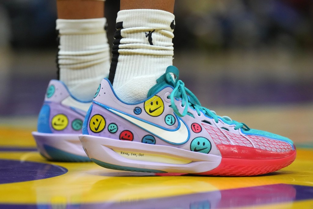 Sep 11, 2024; Los Angeles, California, USA; The Nike shoes worn by Seattle Storm center Mercedes Russell in the first half against the LA Sparks at Crypto.com Arena.