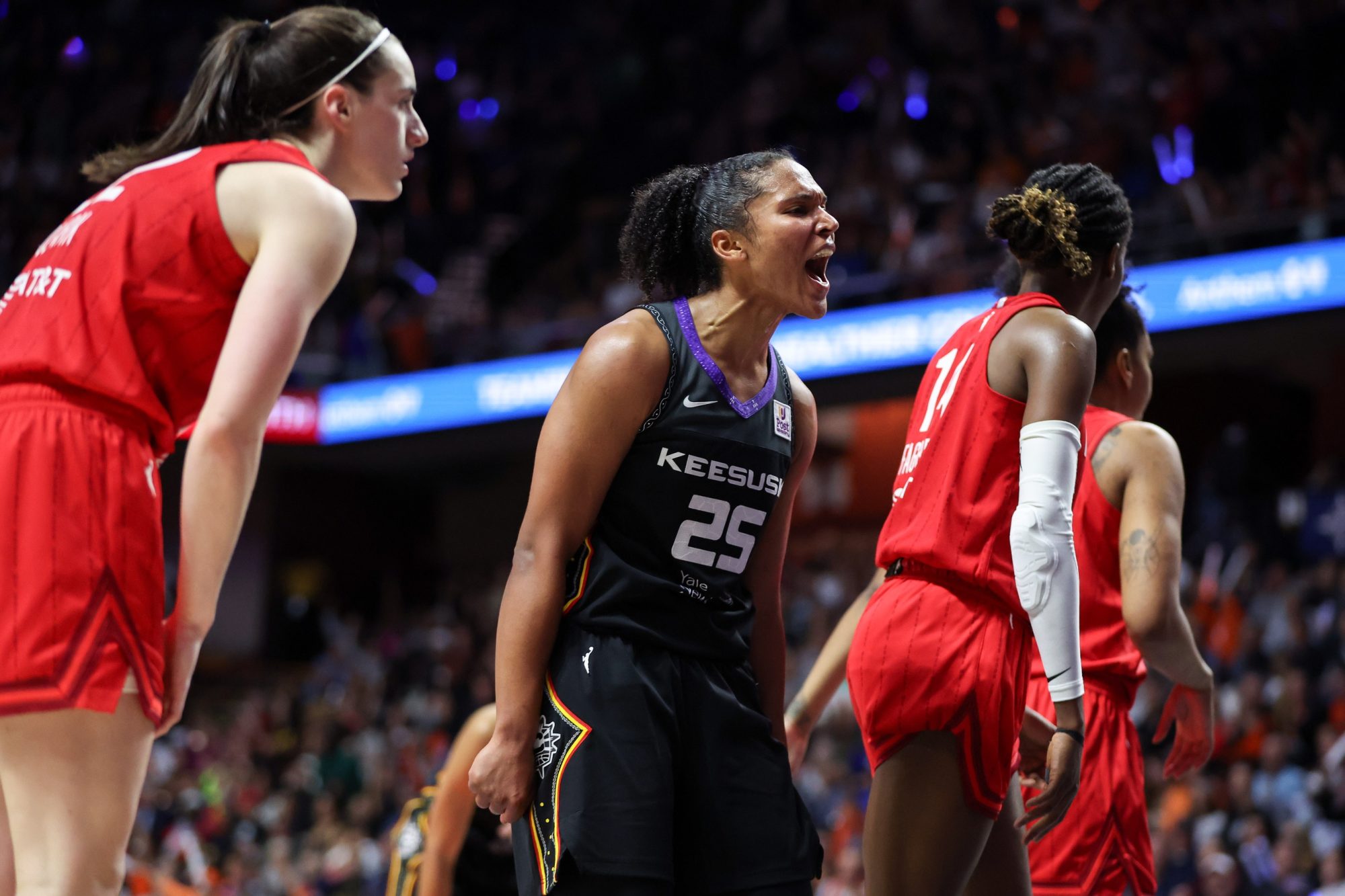 Sep 25, 2024; Uncasville, Connecticut, USA; Connecticut Sun forward Alyssa Thomas (25) reacts during the second half against the Indiana Fever during game two of the first round of the 2024 WNBA Playoffs at Mohegan Sun Arena.