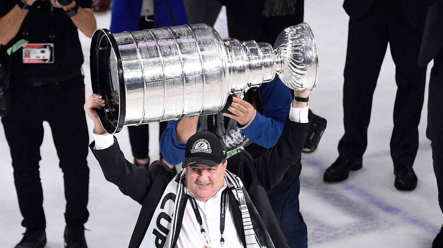 Jul 7, 2021; Tampa, Florida, USA; Tampa Bay Lightning owner Jeff Vinik hoists the Stanley Cup after the Lightning defeated the Montreal Canadiens 1-0 in game five to win the 2021 Stanley Cup Final at Amalie Arena.