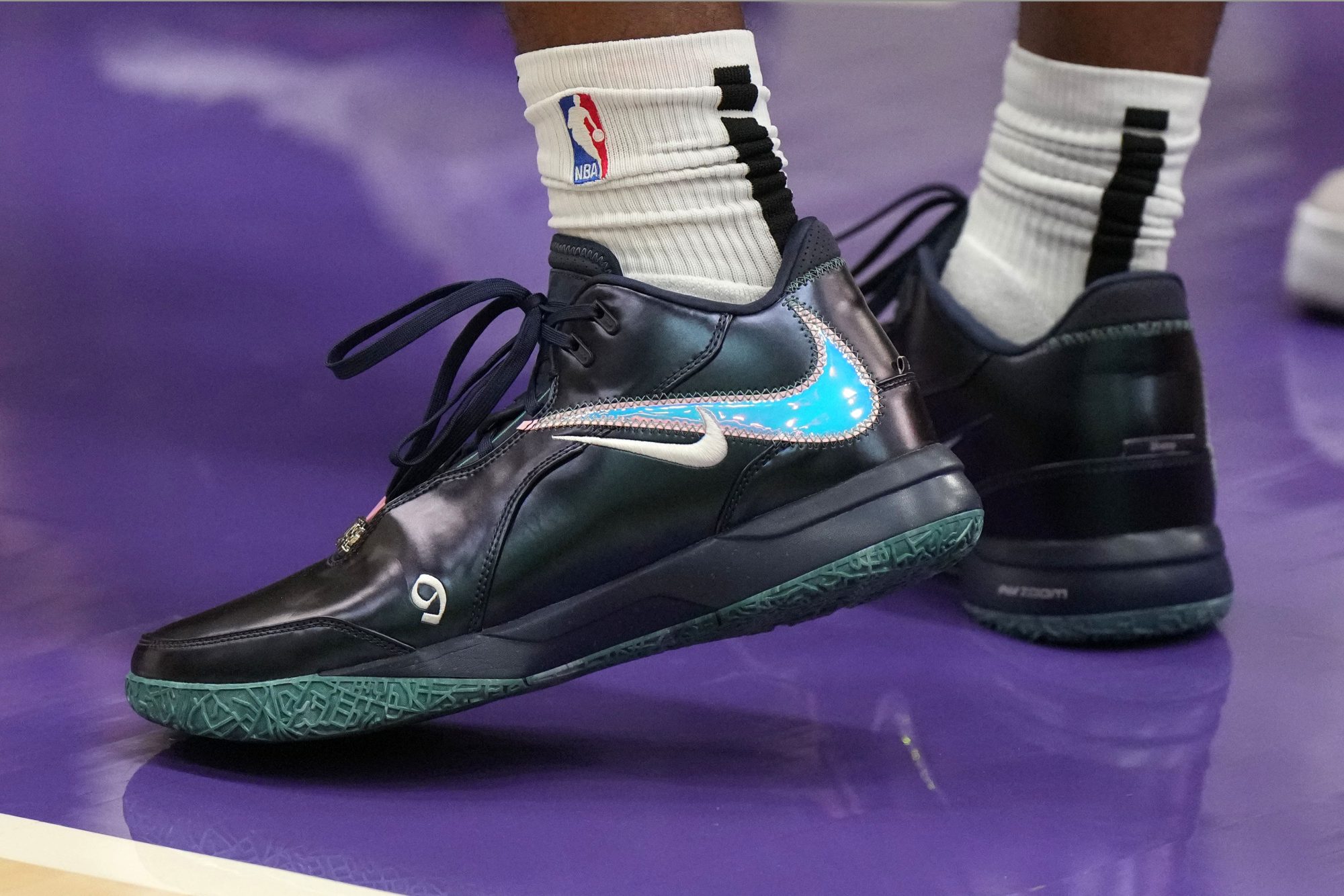 Sep 30, 2024; El Segundo, CA, USA; The Nike shoes worn by Los Angeles Lakers guard Bronny James during media day at the UCLA Health Training Center.