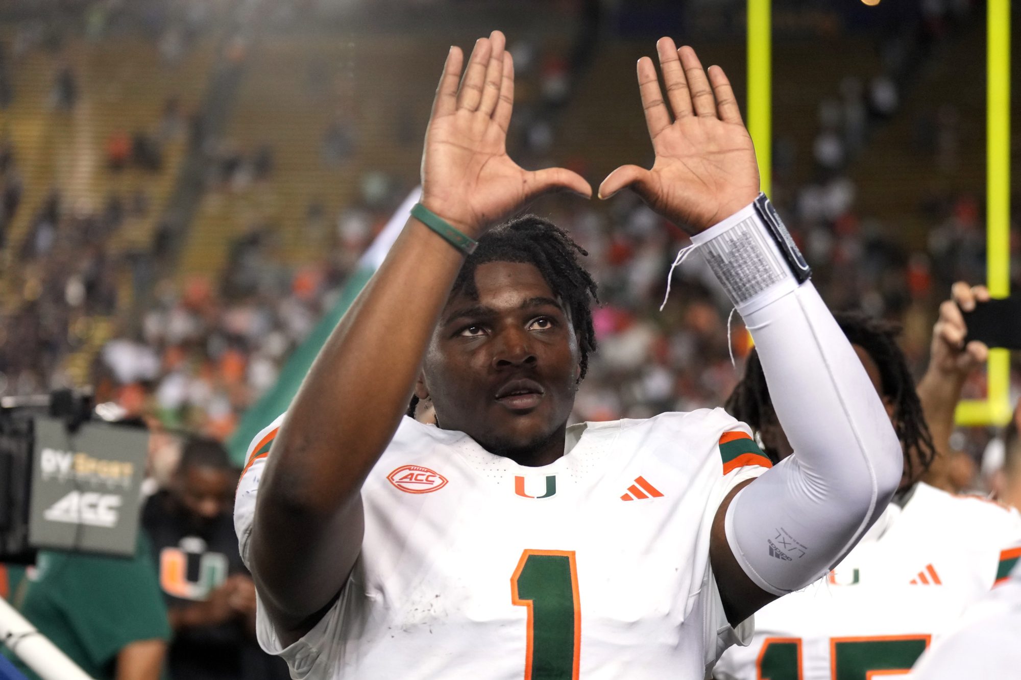 Oct 5, 2024; Berkeley, California, USA; Miami Hurricanes quarterback Cam Ward (1) gestures after defeating the California Golden Bears at California Memorial Stadium.