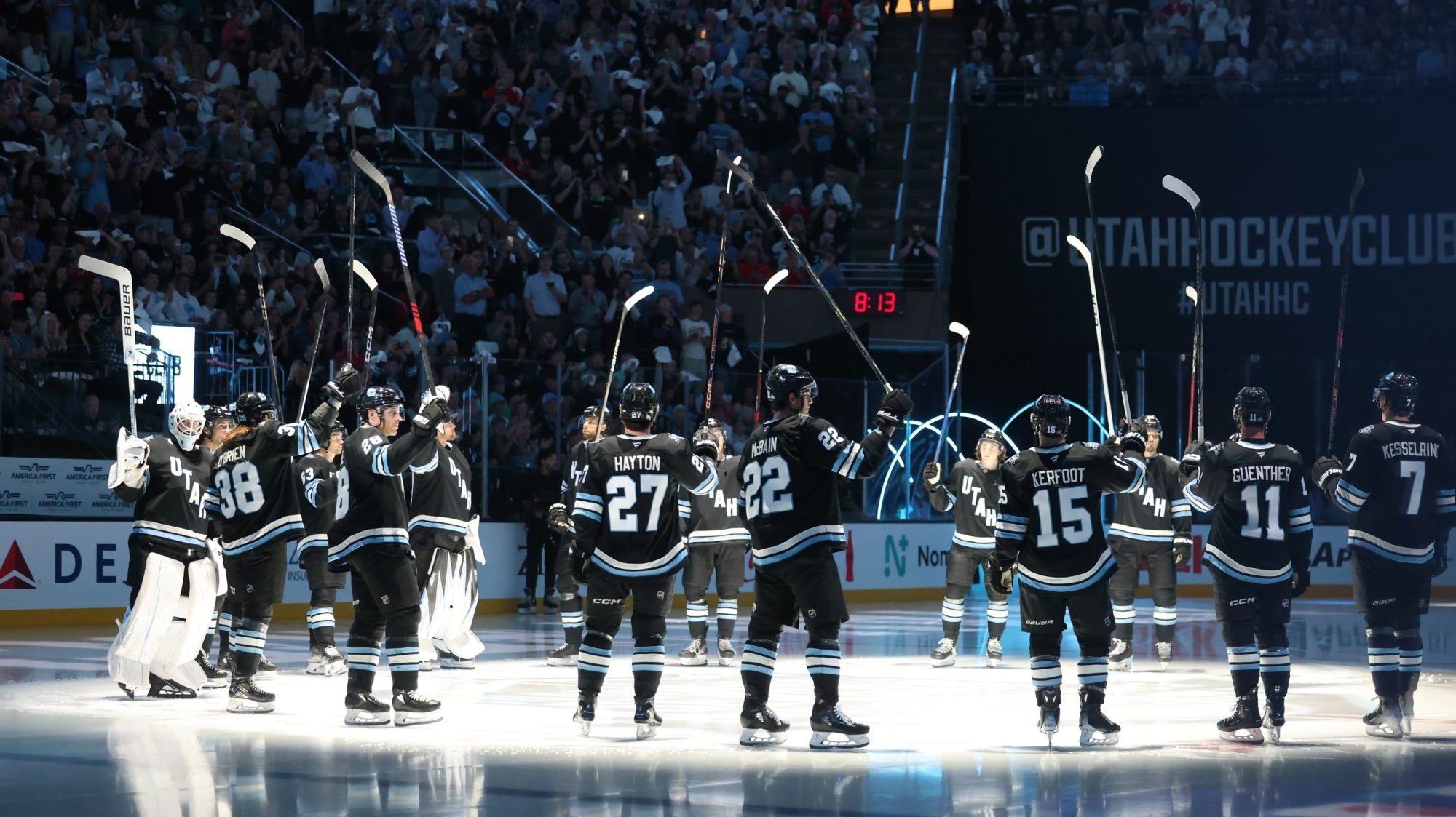 Oct 8, 2024; Salt Lake City, Utah, USA; The Utah Hockey Club is introduced to the fans before the game against the Chicago Blackhawks at Delta Center.