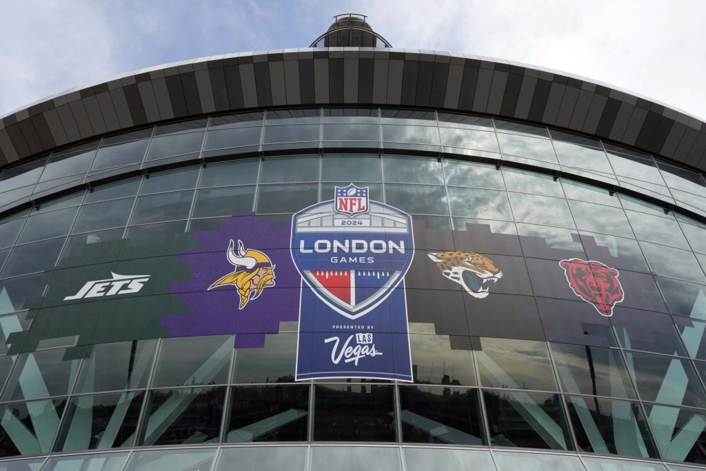 Oct 13, 2024; London, United Kingdom; The 2024 NFL London Games, New York Jets, Minnesota Vikings, Jacksonville Jaguars and Chicago Bears logo on the facade at an NFL International Series game at Tottenham Hotspur Stadium.