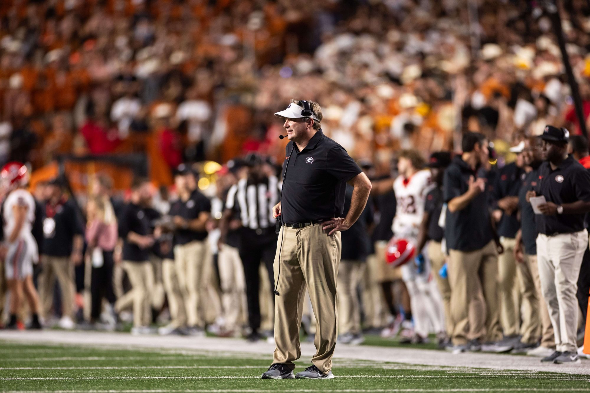 Oct 19, 2024; Austin, Texas, USA; Georgia Bulldogs head coach Kirby Smart in the second quarter against the Texas Longhorns at Darrell K Royal-Texas Memorial Stadium.