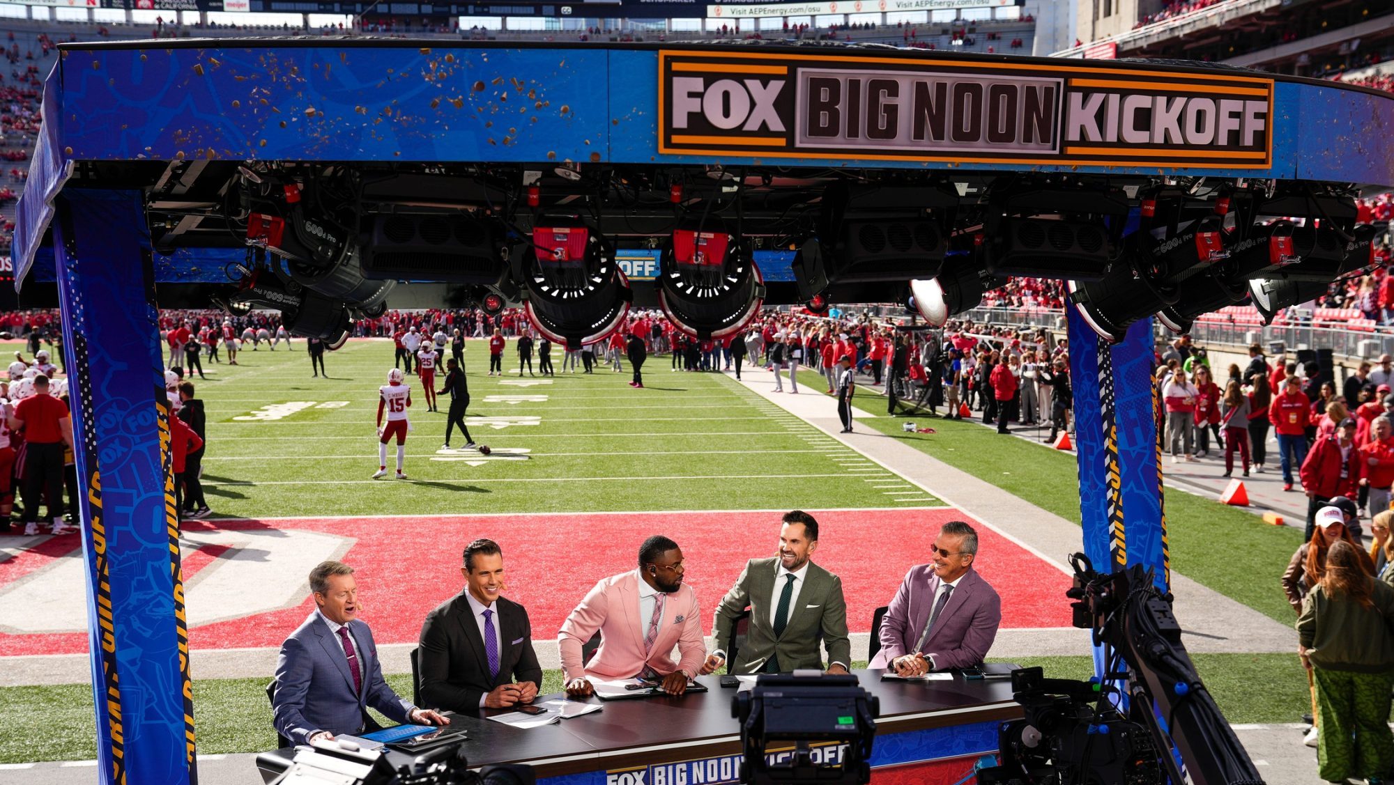 The Fox Big Noon Kickoff crew broadcasts from the endzone prior to the NCAA football game between the Ohio State Buckeyes and the Nebraska Cornhuskers at Ohio Stadium in Columbus on Saturday, Oct. 26, 2024.