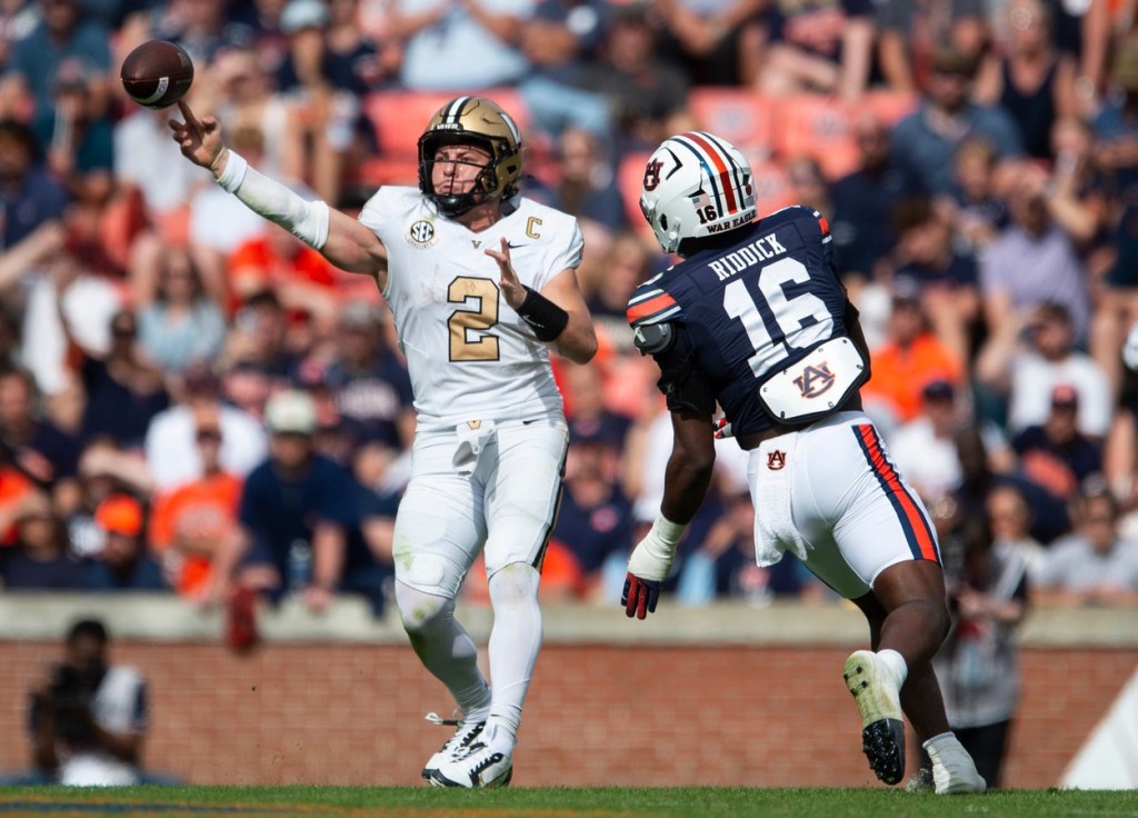 Vanderbilt Commodores quarterback Diego Pavia (2) throws the ball as Auburn Tigers take on Vanderbilt Commodores at Jordan-Hare Stadium in Auburn, Ala., on Saturday, Nov. 2, 2024. Vanderbilt Commodores defeated Auburn Tigers 17-7.