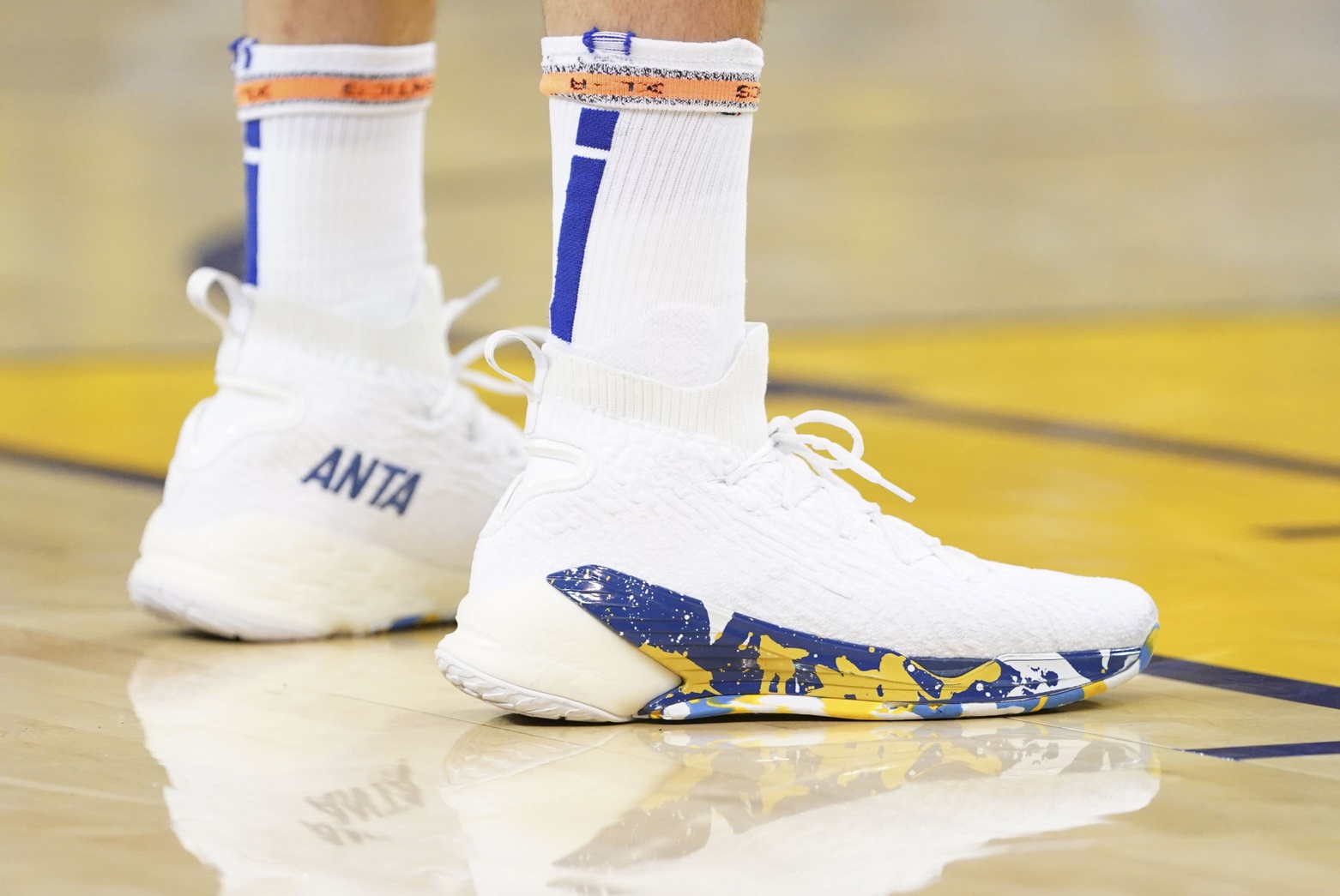 April 13, 2019; Oakland, CA, USA; Detail view of Anta shoes worn by Golden State Warriors guard Klay Thompson (11) during the second quarter in game one of the first round of the 2019 NBA Playoffs against the LA Clippers at Oracle Arena.