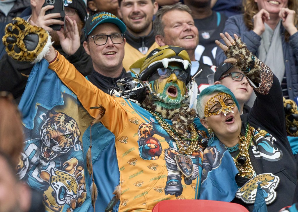 Oct 20, 2024; London, United Kingdom; Fans celebrate in the second half between the New England Patriots and Jacksonville Jaguars during an NFL International Series game at Wembley Stadium.