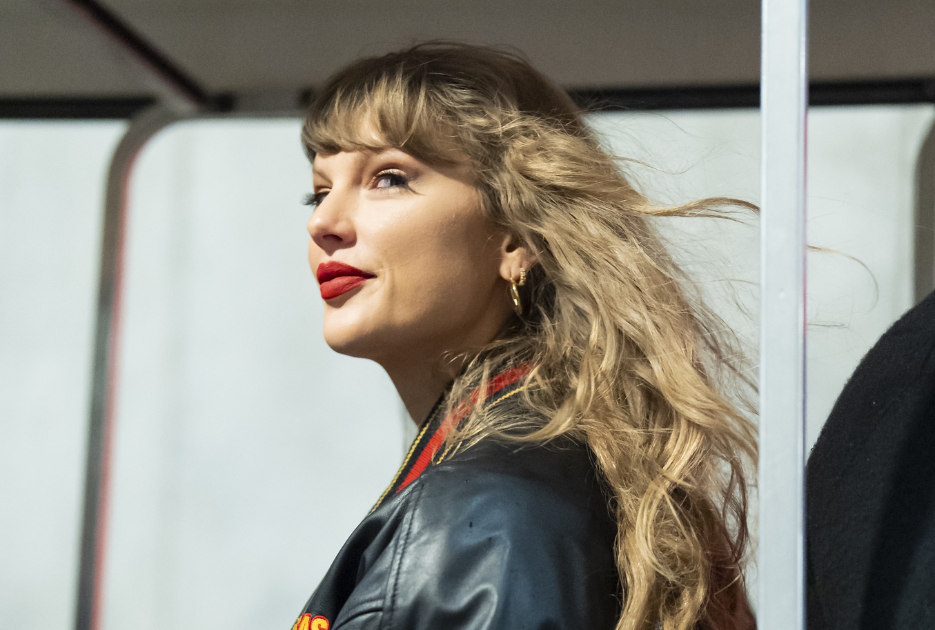 Nov 4, 2024; Kansas City, Missouri, USA; Recording artist Taylor Swift arrives prior to a game between the Tampa Bay Buccaneers and the Kansas City Chiefs at GEHA Field at Arrowhead Stadium.