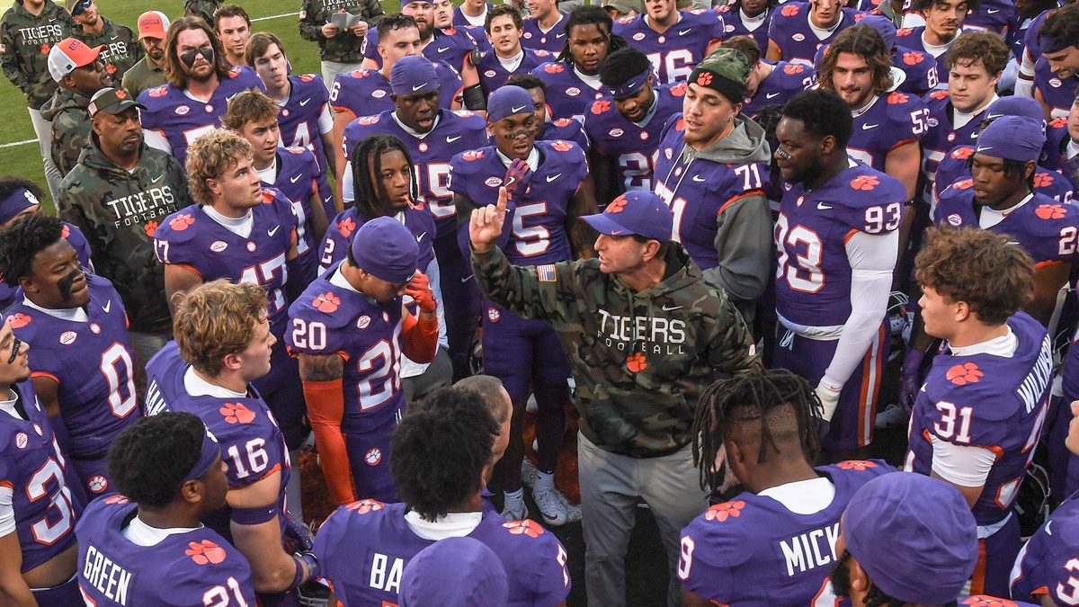 Nov 23, 2024; Clemson, South Carolina, USA; Clemson Tigers head coach Dabo Swinney talks to players before kickoff against The Citadel Bulldogs at Memorial Stadium.