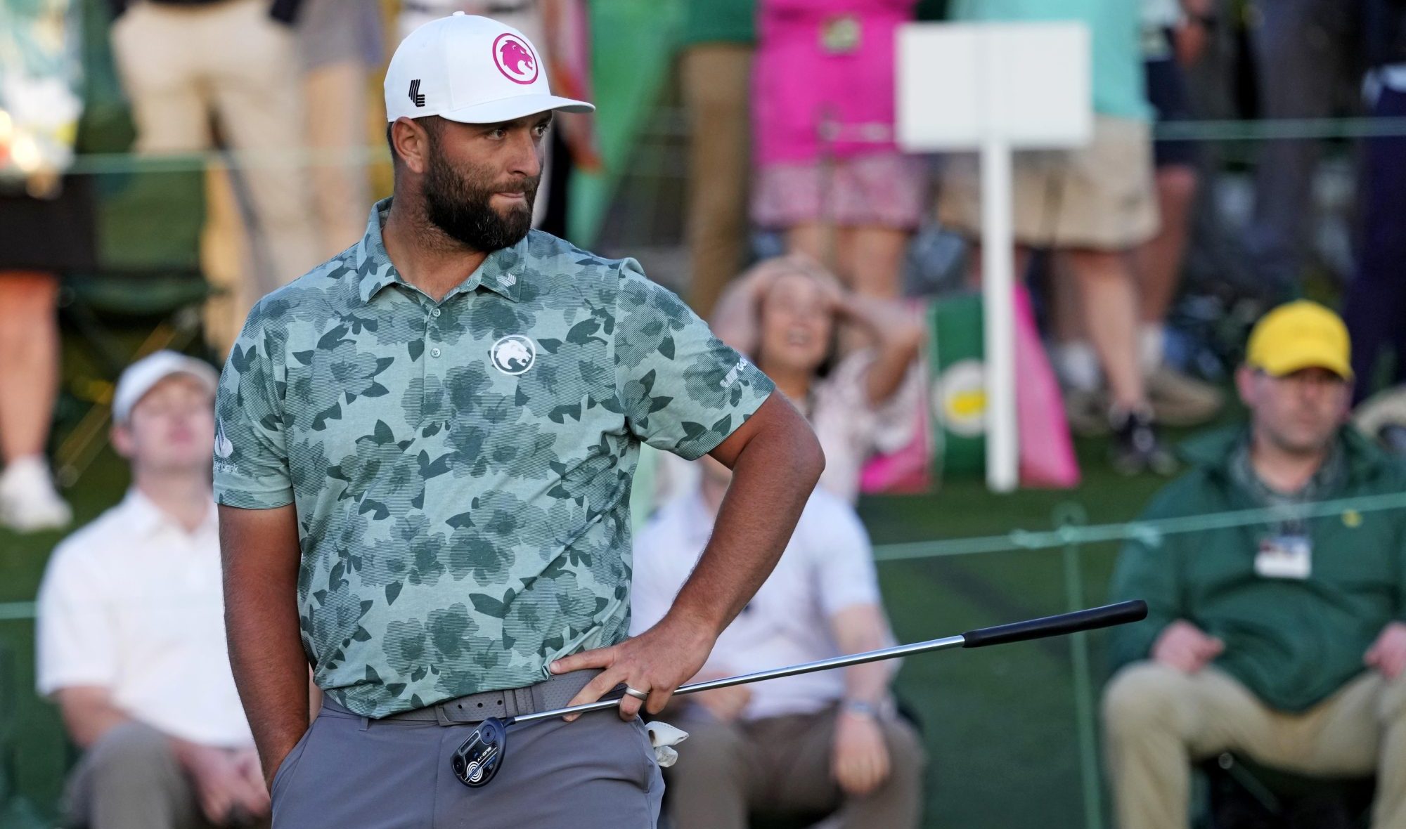 Apr 12, 2024; Augusta, Georgia, USA; Jon Rahm reacts to his putt on the 18th green during the second round of the Masters Tournament at Augusta National Golf Club.