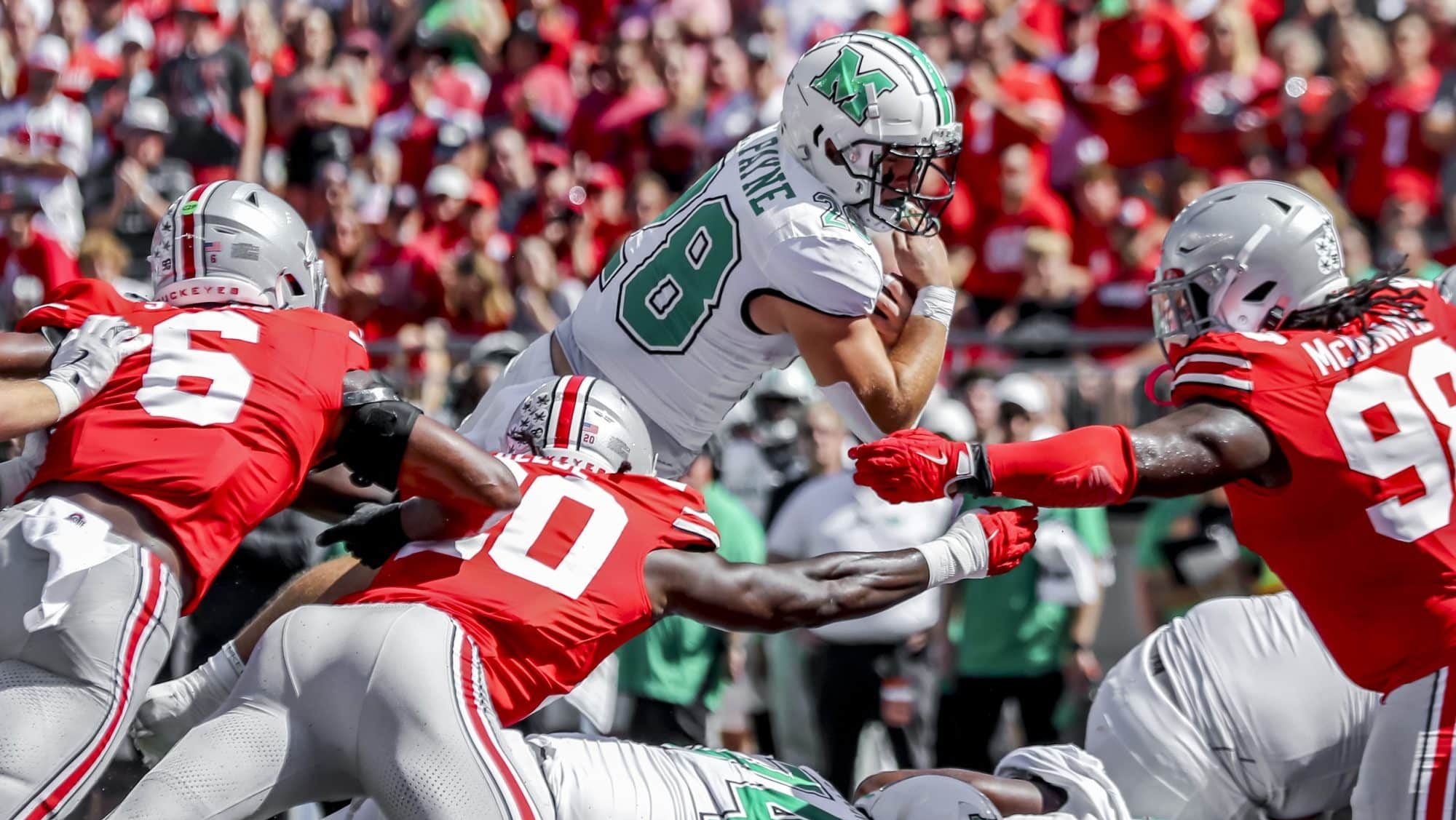 Sep 21, 2024; Columbus, Ohio, USA; Marshall Thundering Herd running back Ethan Payne (28) dives in for the touchdown during the first quarter against the Ohio State Buckeyes at Ohio Stadium. Mandatory