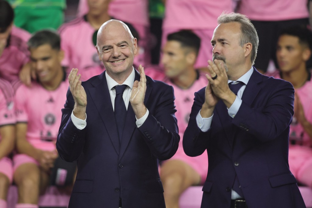 Oct 19, 2024; Fort Lauderdale, Florida, USA; Fifa president Gianni Infantino (left) and Inter Miami CF co-owner Jose Mas (right) celebrate Inter Miami CF post match against the New England Revolution at Chase Stadium.