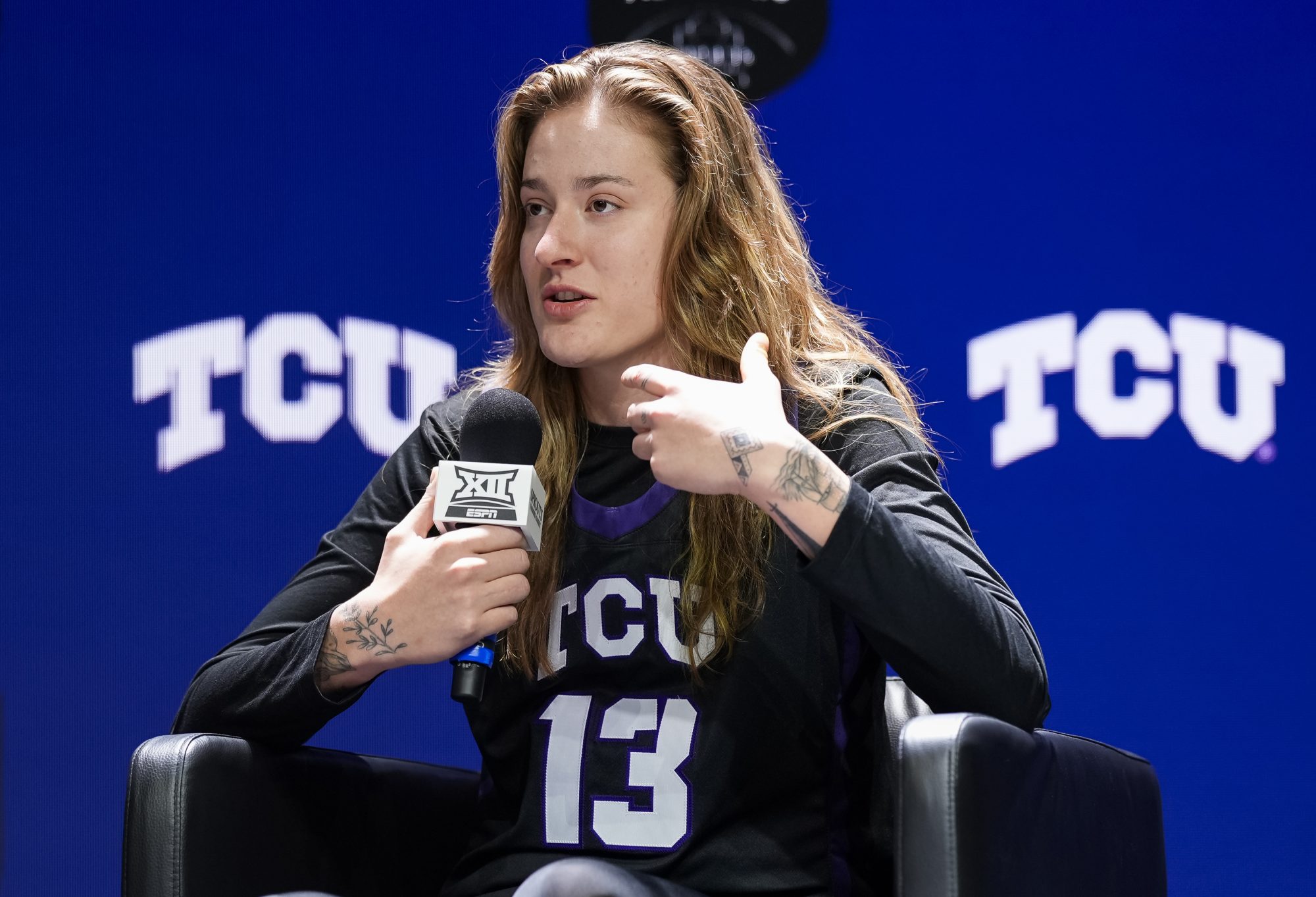 Oct 22, 2024; Kansas City, MO, USA; TCU Horned Frogs center Sedona Prince (13) talks to media during Big 12 Women’s Basketball Media Day at T-Mobile Center.