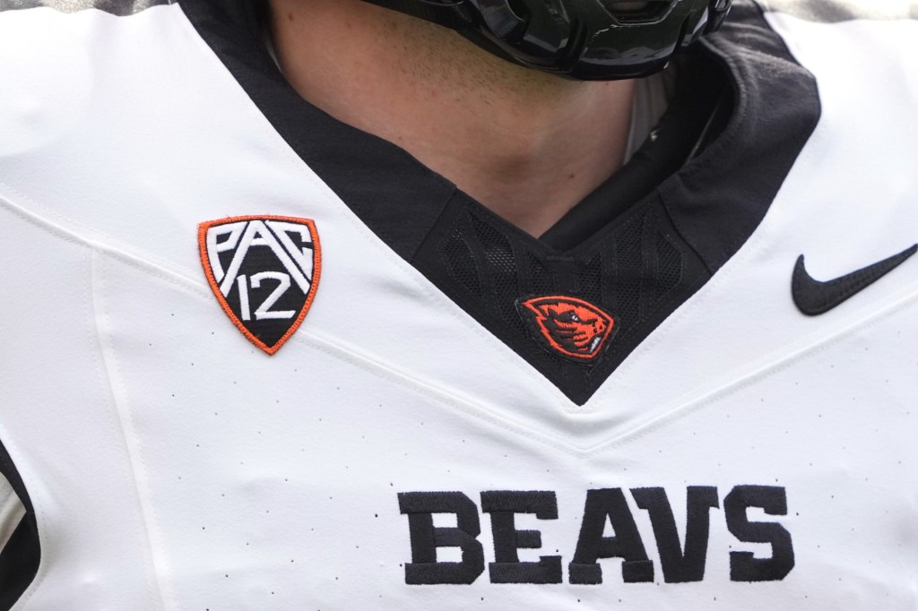 Oct 26, 2024; Berkeley, California, USA; A view of the Pac-12 logo on the jersey of Oregon State Beavers punter Josh Green (37) during the second quarter against the California Golden Bears at California Memorial Stadium.