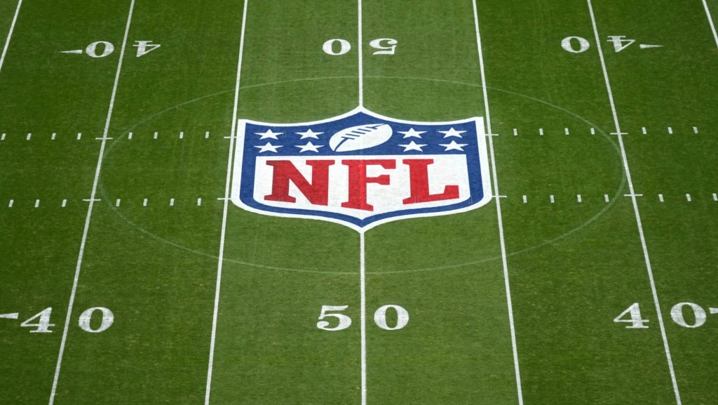 Nov 10, 2024; Munich, Germany; The NFL shield logo at midfield during the 2024 NFL Munich Game at Allianz Arena.