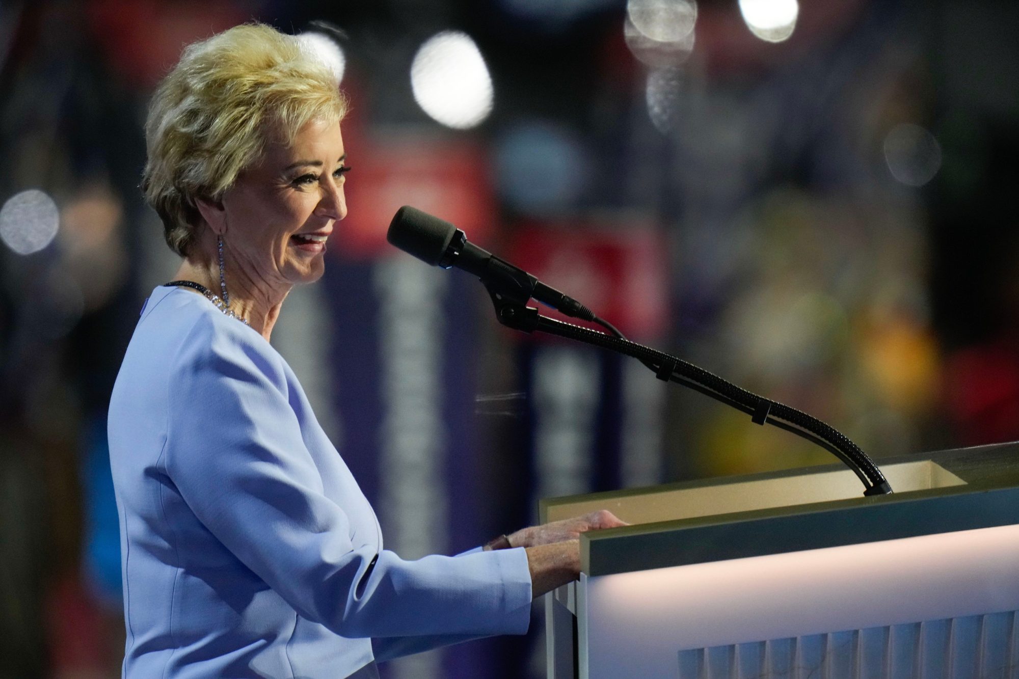 Linda McMahon, former Administrator of the Small Business Administration, speaks during the final day of the Republican National Convention at the Fiserv Forum. The final day of the RNC featured a keynote address by Republican presidential nominee Donald Trump.