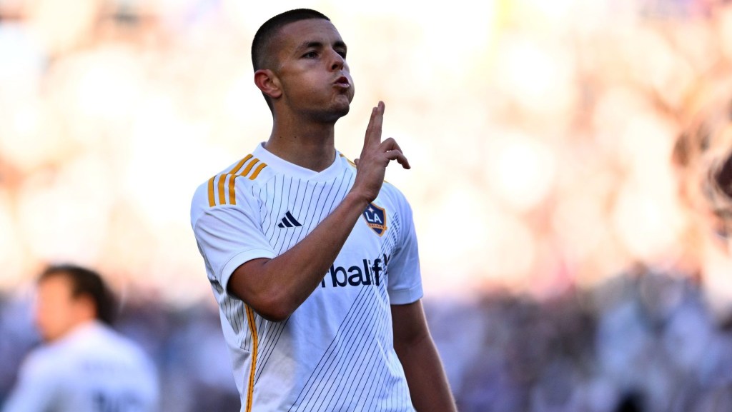 LA Galaxy forward Dejan Joveljic (9) celebrates with midfielder Riqui Puig (10) after scoring a goal against Seattle Sounders FC in the second half in the 2024 MLS Cup Western Conference Final match at Dignity Health Sports Park