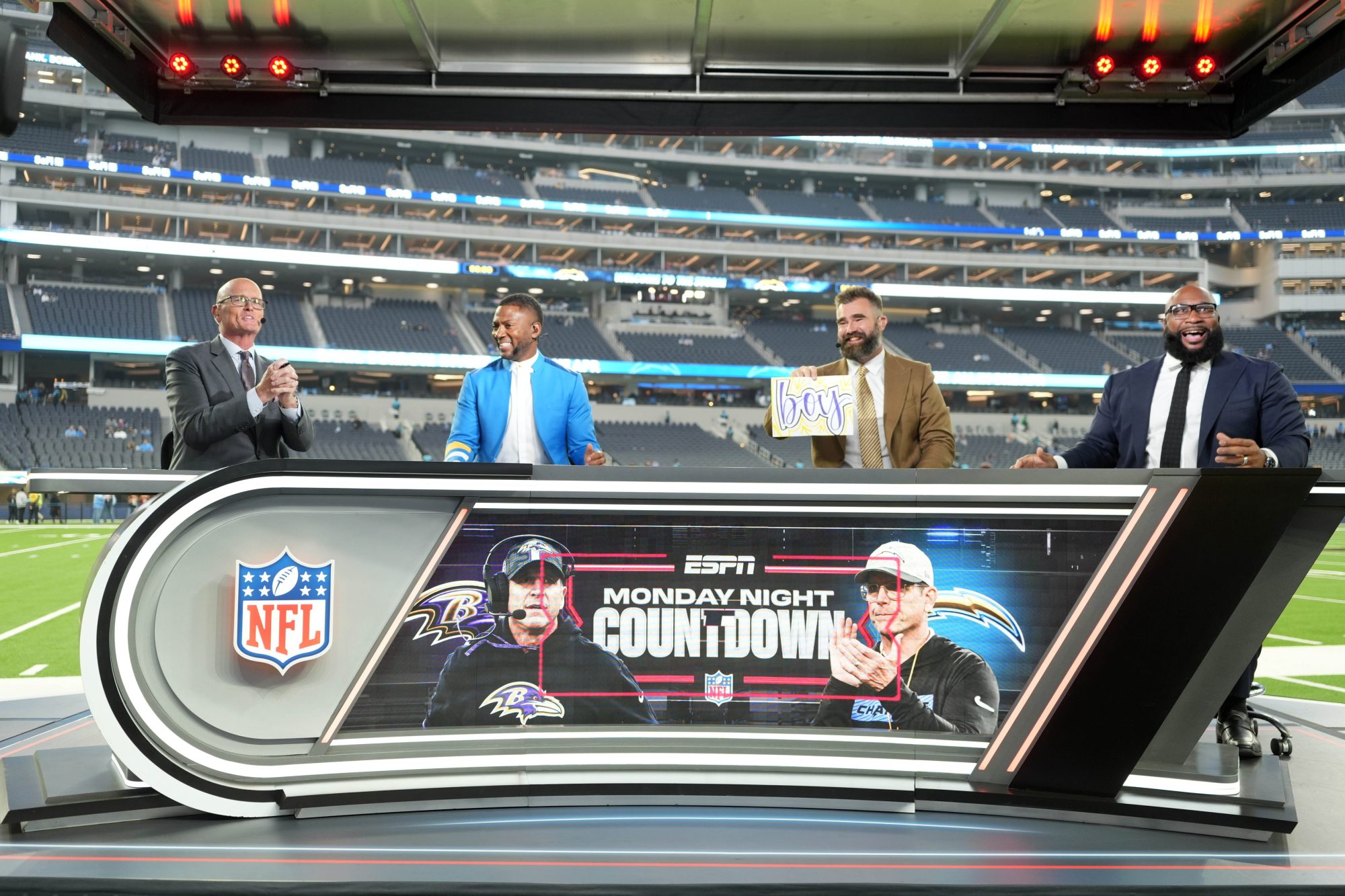 Nov 25, 2024; Inglewood, California, USA; From left: Scott Van Pelt, Ryan Clark, Jason Kelce and Marcus Spears on the ESPN Monday Night Football Countdown set before the game between the Baltimore Ravens and the Los Angeles Chargers at SoFi Stadium.