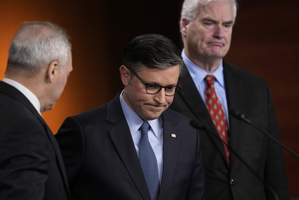 Dec 17, 2024; Washington, DC, USA; Speaker of the House Mike Johnson (R-LA) alongside Steve Scalise (R-LA), left and Tom Emmer (R-MN), right, during a press conference on Tuesday, Dec. 17 on Capitol Hill in Washington.