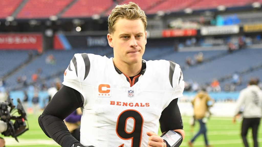 Dec 15, 2024; Nashville, Tennessee, USA; Cincinnati Bengals quarterback Joe Burrow (9) runs off the field against the Tennessee Titans during the second half at Nissan Stadium.