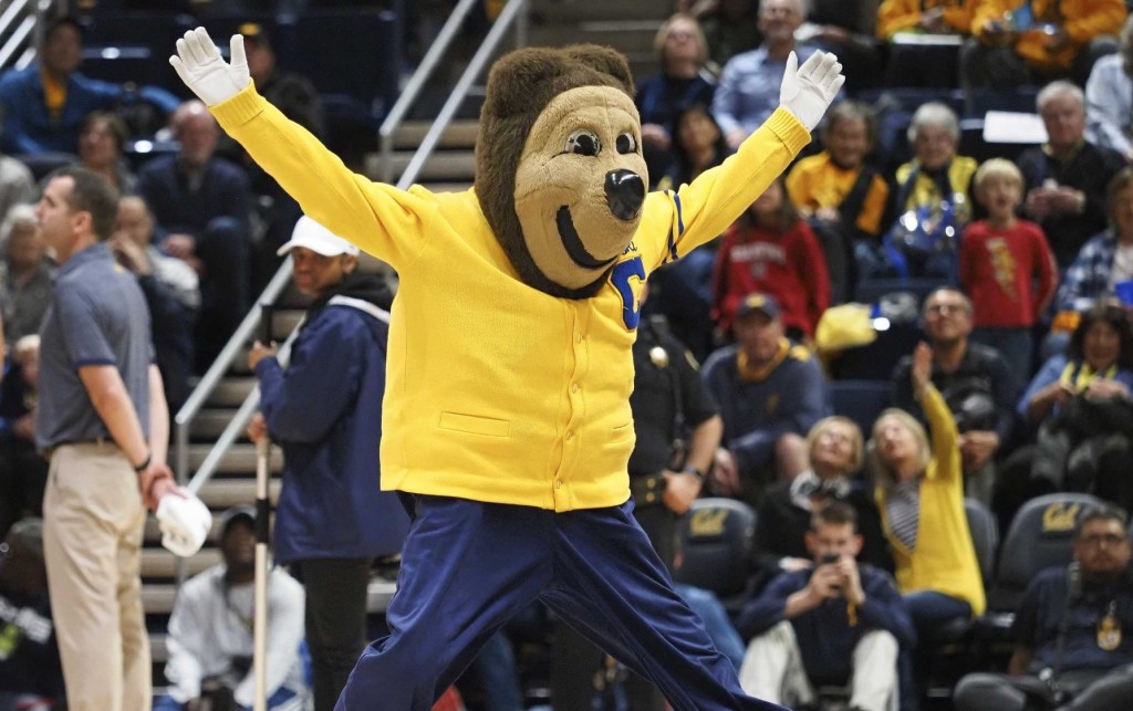 Feb 3, 2019; Berkeley, CA, USA; California Golden Bears mascot dances on the court during a stoppage in play in the second half against the Stanford Cardinal at Haas Pavilion.