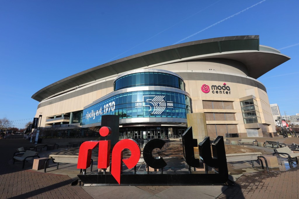 Mar 12, 2020; Portland, Oregon, USA;  An outside view of the Moda Center where the Portland Trail Blazers and the Memphis Grizzlies game was cancelled due to the COVID-19 virus.