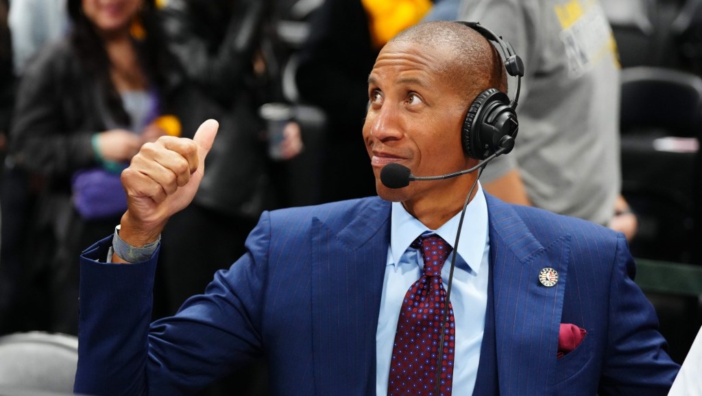 Nov 14, 2023; Denver, Colorado, USA; American former professional basketball player Reggie Miller reacts after the game between the LA Clippers against the Denver Nuggets at Ball Arena.