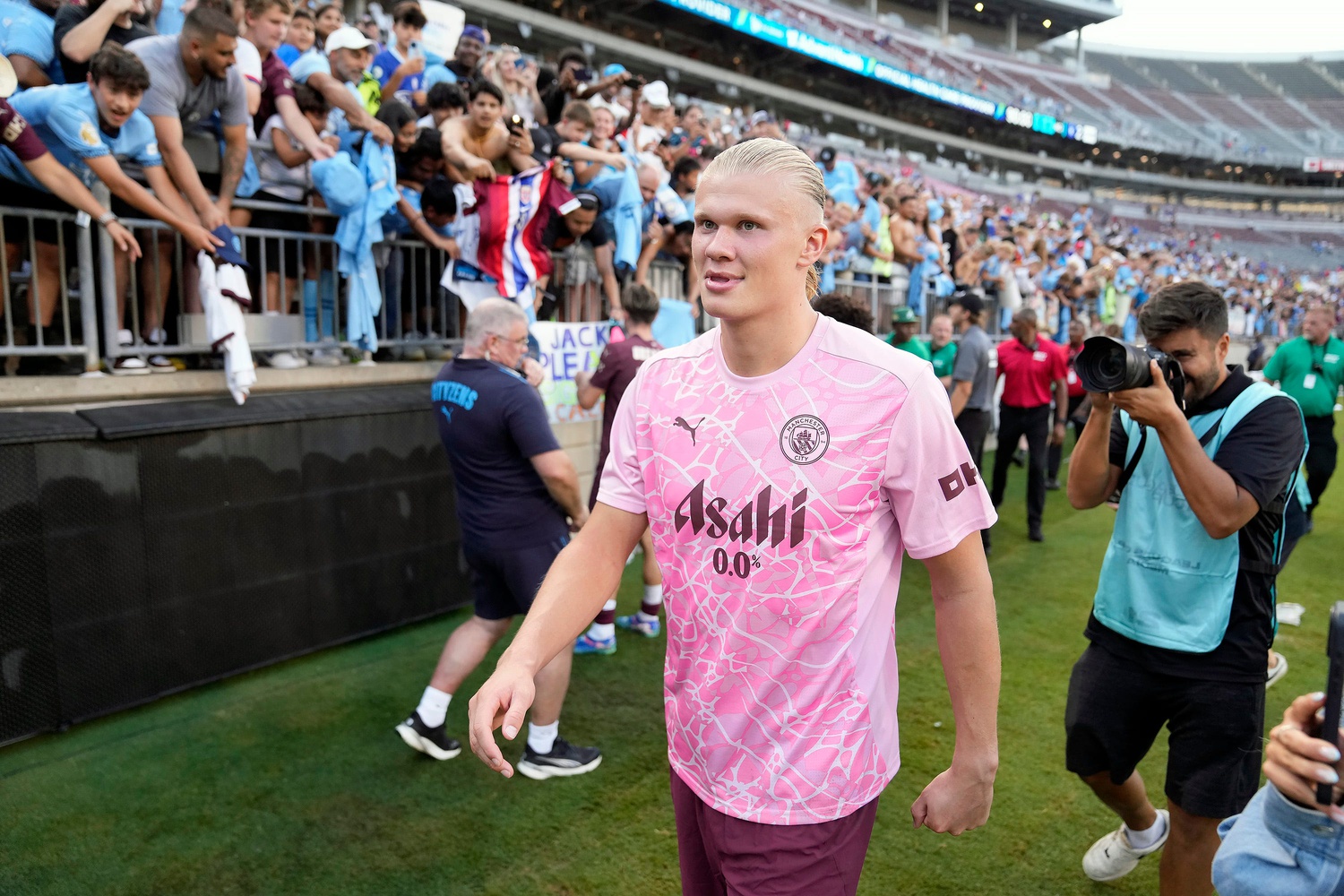 Aug 3, 2024; Columbus, OH, USA; Manchester City forward Erling Haaland (9) walks off the field after scoring three goals to to beat Chelsea 4-2 during the FC Series game at Ohio Stadium