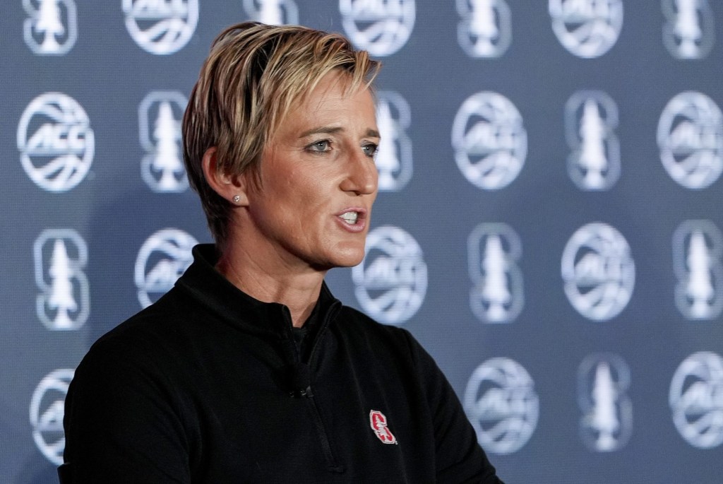 Oct 9, 2024; Charlotte, NC, USA; Stanford head coach Kate Paye during ACC Media Days at The Hilton Charlotte Uptown.