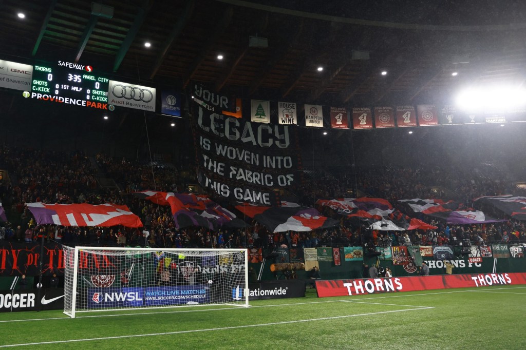 Nov 1, 2024; Portland, Oregon, USA;  Tifo is displayed prior to the first half between against Angel City FC and Portland Thorns FC at Providence Park.