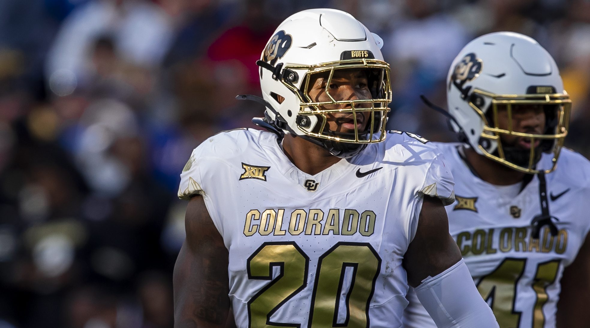 Nov 23, 2024; Kansas City, Missouri, USA; Colorado linebacker LaVonta Bentley (20) during gets set at his position during the 1st quarter between the Kansas Jayhawks and the Colorado Buffaloes at GEHA Field at Arrowhead Stadium.