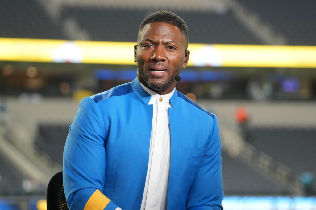 Nov 25, 2024; Inglewood, California, USA; Ryan Clark on the ESPN Monday Night Football Countdown set before the game between the Baltimore Ravens and the Los Angeles Chargers at SoFi Stadium.